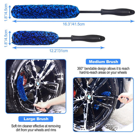 12Pcs Wheel Brush Kit For Cleaning Wheels And Tires With Bendable Rim Brushes in use, showing dimensions and application on tire