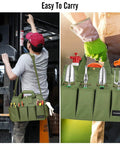 Heavy Duty 900D Garden Tote Bag With Standable Base carried by person over shoulder and tool-filled pockets in garden setting