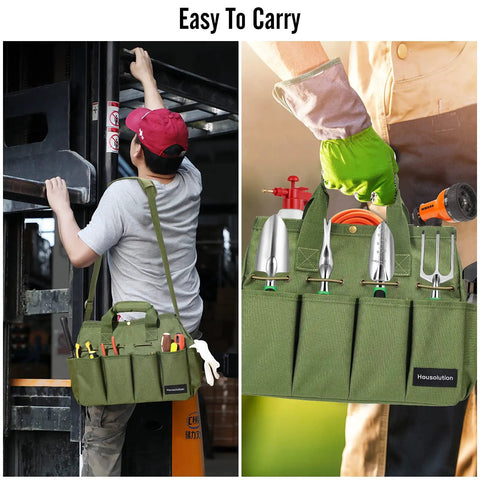 Heavy Duty 900D Garden Tote Bag With Standable Base carried by person over shoulder and tool-filled pockets in garden setting