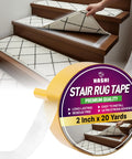 Double Sided Stair Tread Tape 2 Inch By 20 Yard Heavy Duty Non Slip Rug Gripper for securing carpet on stairs with hardwood floor.