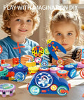 Children playing with Space Gear STEM Toy Set For Ages 3 And Up With Electric Drive System, 30 Piece Educational Construction Toys