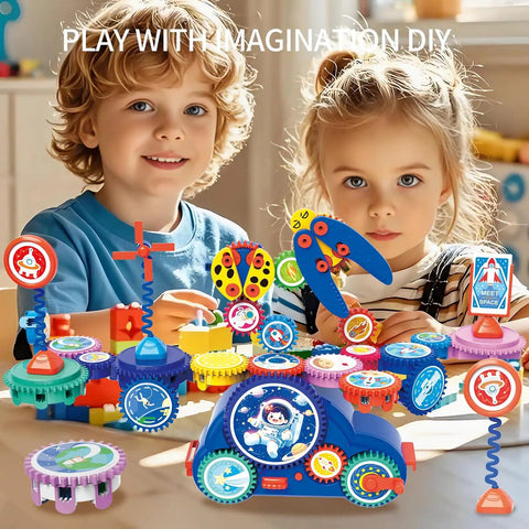 Children playing with Space Gear STEM Toy Set For Ages 3 And Up With Electric Drive System, 30 Piece Educational Construction Toys