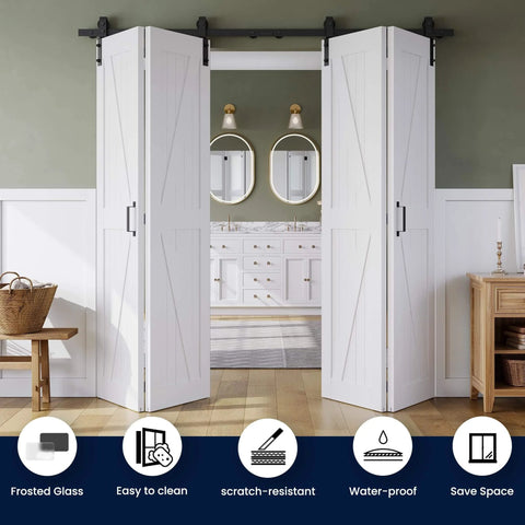 Space Saving White Bifold Sliding Barn Door Kit 60x84 Inch With K Shaped Panel And Sliding Hardware Installed in Bathroom