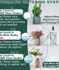 Diagram showing self watering stakes for indoor outdoor plants, terracotta drippers, automatic spikes in use with potted plants.