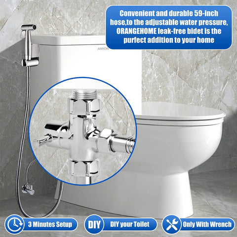 Stainless Steel Handheld Bidet Sprayer Kit For Toilet With Long Hose Full Pressure Leakproof Easy Install, shown beside toilet