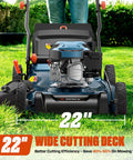 22 Inch 201cc Gas Lawn Mower With 3 In 1 Mulch Side Discharge Rear Bag Rear Wheel Self Propelled Drive Up To 2.9 MPH 4.7 HP OHV Engine That Cuts Like A Boss, front view on grass