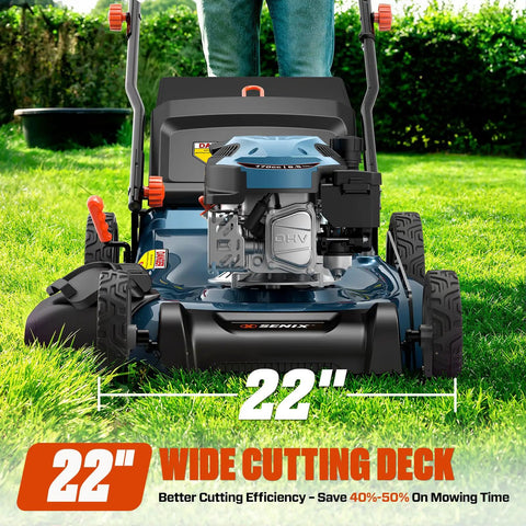 22 Inch 201cc Gas Lawn Mower With 3 In 1 Mulch Side Discharge Rear Bag Rear Wheel Self Propelled Drive Up To 2.9 MPH 4.7 HP OHV Engine That Cuts Like A Boss, front view on grass
