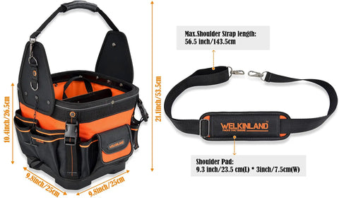 Open Top 24 Pocket Hard Base HVAC And Electrician Tool Bag dimensions and detachable strap details with padding.