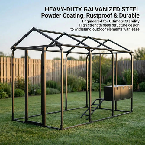 Beefy Large Walk-In Metal Chicken Coop And Outdoor Pet Enclosure, heavy-duty galvanized steel frame in garden setting