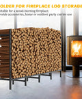 Tough As Nails Heavy Duty Outdoor Firewood Storage Rack holding large wood pile near modern fireplace on patio