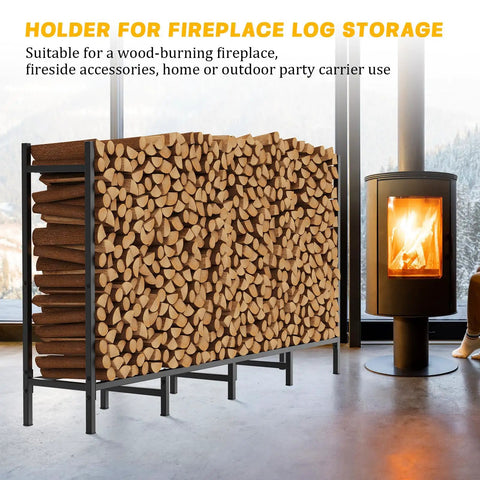 Tough As Nails Heavy Duty Outdoor Firewood Storage Rack holding large wood pile near modern fireplace on patio