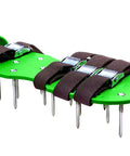 Green 6.8 Cm Lawn Aerator Spike Shoes with heavy duty buckles and adjustable straps, featuring sharp spikes for soil aeration.
