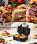 Three In One Waffle Maker With Removable Plates for waffles, sandwiches, and pancakes; nonstick surfaces, browning control, indicator lights