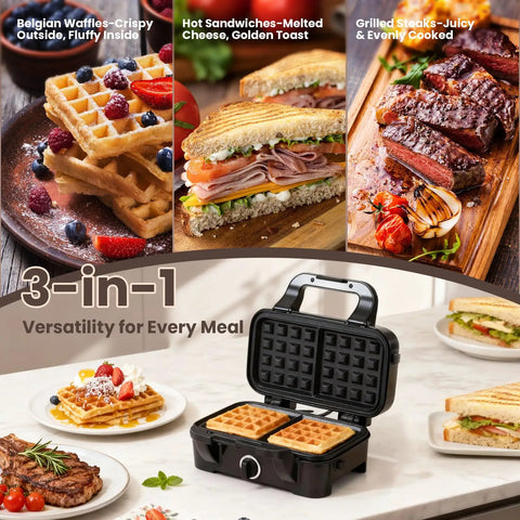 Three In One Waffle Maker With Removable Plates for waffles, sandwiches, and pancakes; nonstick surfaces, browning control, indicator lights