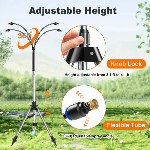 Outdoor Patio Water Mister System 26.5 Feet Portable Cooling Mister With Adjustable Height Stand Flexible Tubing And Wind Resistant Stainless Base for outdoor use on grass.