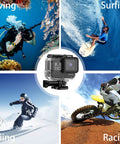 Collage showcasing GoPro Hero 7 6 5 Waterproof Housing Case with Touchable Cover for diving, surfing, skiing, and racing.