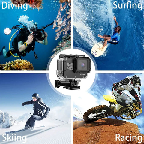 Collage showcasing GoPro Hero 7 6 5 Waterproof Housing Case with Touchable Cover for diving, surfing, skiing, and racing.
