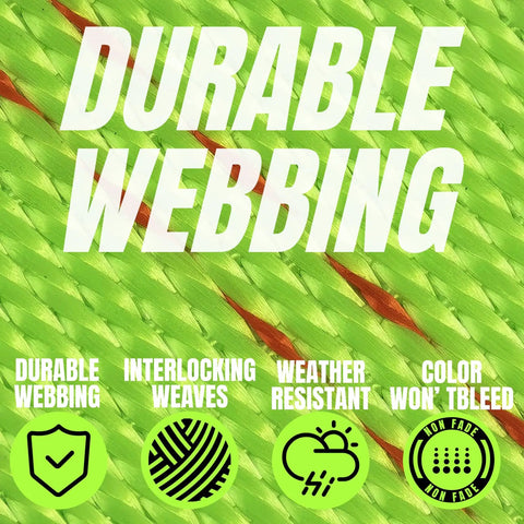 Close-up of durable webbing texture in bright green for Top Shelf Ratchet Tie Down Straps With Flat Hooks 2 Inch By 15 Feet 10000 Pound Breaking Strength 4 Pack.