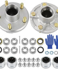 LockAndLoad 2000Lb Boat Trailer Hub Assembly With SmoothOperator Sealed Bearings, hardware and gloves kit layout on white background.