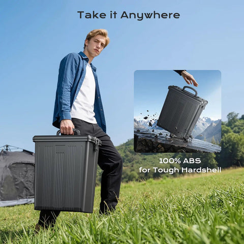Person carrying Ultra Fine Misting System With 15000mAh Rechargeable Pump And 33Ft Hose, 4 Gallon Water Mister, outdoors with tent and grass