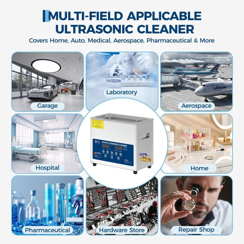 6L Ultrasonic Cleaner With Heater 40kHz Digital Timer Stainless Steel Tank for various applications in home, auto, and lab.