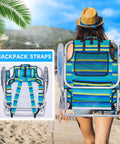 Back view of Two Pack Lightweight Portable Camping Beach Chairs For Adults with backpack straps on a woman at the beach.