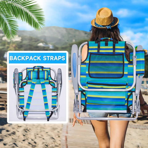 Back view of Two Pack Lightweight Portable Camping Beach Chairs For Adults with backpack straps on a woman at the beach.