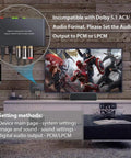 Home theater setup with High Fidelity 192kHz Digital to Analog Audio Converter and TV showing action movie scene, focus on product usage.