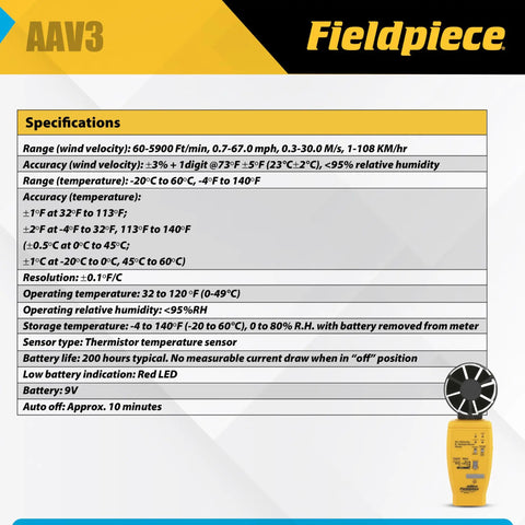 Specifications for Air Velocity And Temperature Test Head For HVAC Diagnostics With Real Time And Average Readings, Anemometer