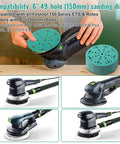 Person holding 60 Pack 6 Inch Sanding Discs With 49 Hole Pattern, 80 120 150 180 240 Grit, 12 Of Each with Festool Sander