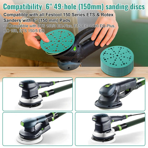 Person holding 60 Pack 6 Inch Sanding Discs With 49 Hole Pattern, 80 120 150 180 240 Grit, 12 Of Each with Festool Sander