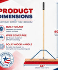 Heavy Duty 36 Inch Commercial Push Broom With Extended Handle For Hassle Free Indoor Outdoor Sweeping Built Like A Tank Workshop Floor Sweeper All Stainless Hardware Real American Made Rig on a white background with product dimensions.
