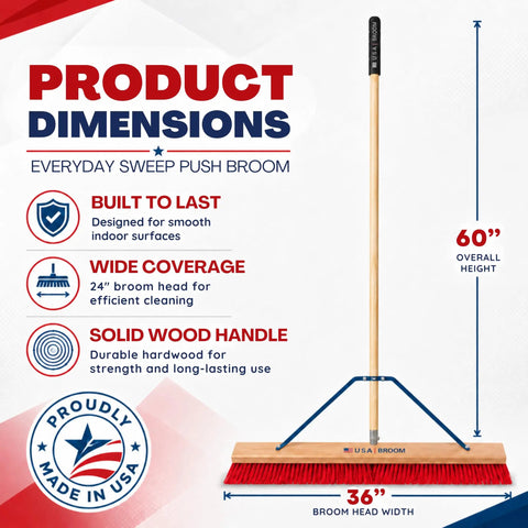 Heavy Duty 36 Inch Commercial Push Broom With Extended Handle For Hassle Free Indoor Outdoor Sweeping Built Like A Tank Workshop Floor Sweeper All Stainless Hardware Real American Made Rig on a white background with product dimensions.
