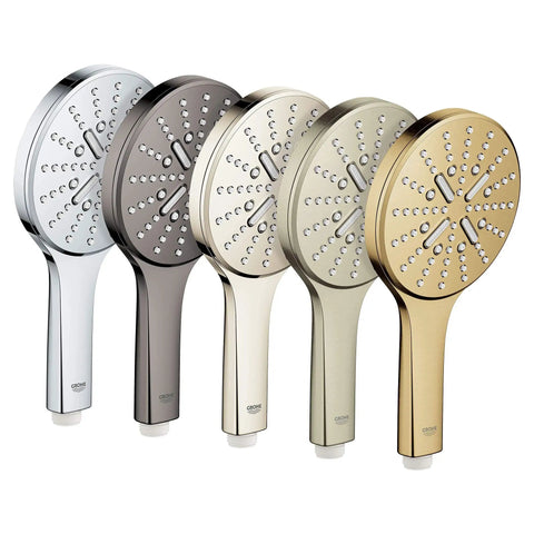 Five colored variations of Three-Setting Handheld Rain Shower Head With Rain Jet And ActiveMassage Modes Brushed Nickel Infinity Finish