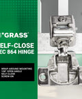 Premium USA Made 108 Degree 1-1/4 Inch Overlay Self Close Screw-On Compact Cabinet Hinge for Face Frame Cabinets 3-Way Adjustment 45mm Hole Pattern 10 Pack G04493-15 Grass TEC 864 displayed against kitchen backdrop