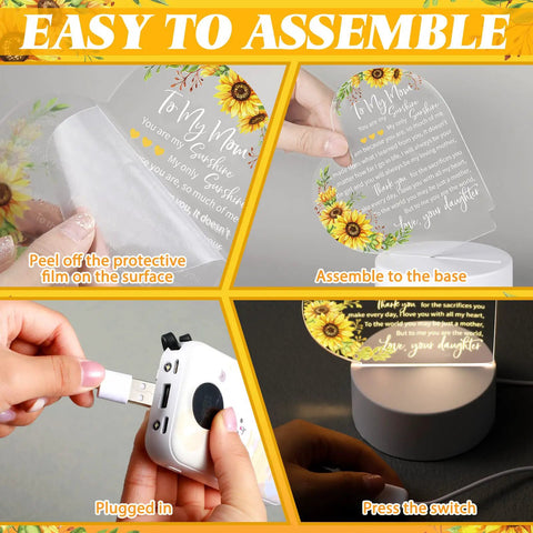 From Daughter And Son Sunflower Engraved Acrylic Heart Night Light For Mom Usb Low Power Table Decor assembly steps