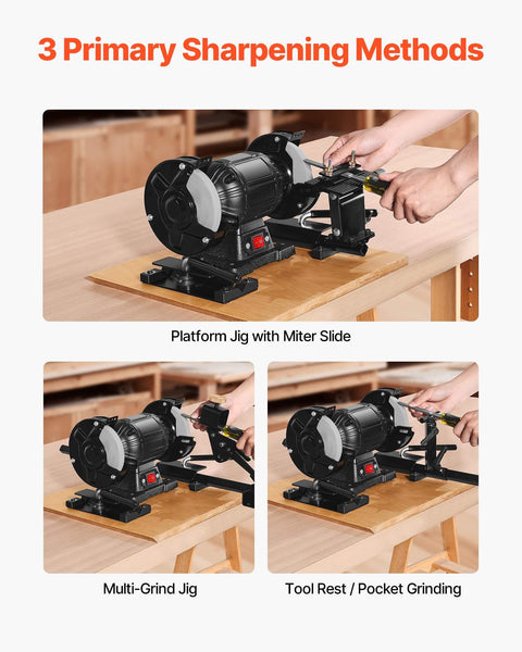 Shop Ready Multi Grind Sharpening Jig for 6 Inch and 8 Inch Bench Grinders with Platform Jig and Miter Slide setup