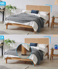 Before and after using Non Slip Rubber Furniture Levelers Shims with a bed in a bedroom, highlighting stability improvement.