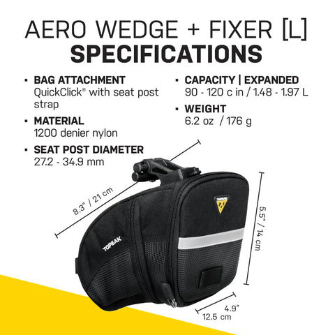 Aero Wedge Pack With Fixer F25 Large for road and mountain bikes, detailed view showing 27.3-34.9 mm seat post compatibility.