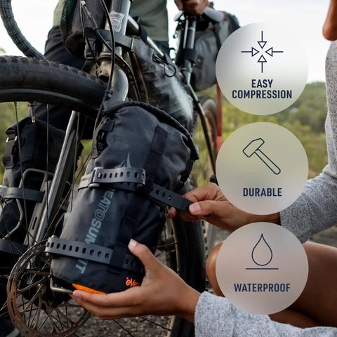 Bikepack Dry Bags Set 3.7L Each Waterproof Gear Bags attached to bike with Stretch Loc Straps for Bikepacking