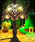 Tiffany Style Stained Glass Table Lamp With Bronze Zinc Base 19 Inch Tall Irish Gold Crown Celtic Pattern UL E26 Lamp Holder