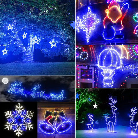 Solar Rope Lights Outdoor Waterproof, 39.37 Feet Copper Wire with Clear PVC tubing, illuminating trees and holiday figures at night