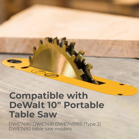 Heavy Duty Dado Throat Plate For DeWalt 10 Inch Table Saw with blade in wood cutting position showing compatibility with models DWE7490, DWE7491, DWE7491RS Type 2, DWE7492.