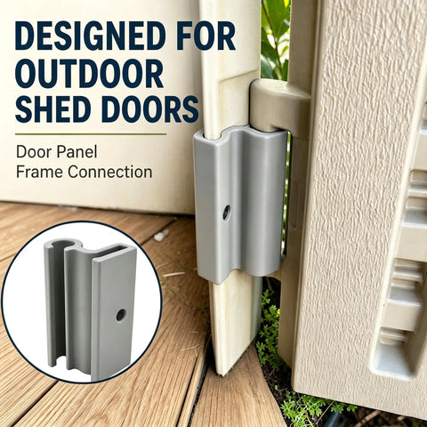 Heavy Duty Vertical Shed Door Hinges 2 Pack Replacement For Resin Storage Sheds, gray metal hinge connecting door panel and frame.