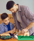 Father and son using Rock Solid Drill Bit Sharpening Jig Kit Three Piece 3D Printed Bench Grinder Guide for woodworking.
