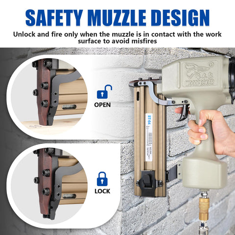 Beast Heavy Duty Pneumatic Concrete T Nailer for 14 Gauge Nails Three Quarters to Two and a Half Inches with safety muzzle design