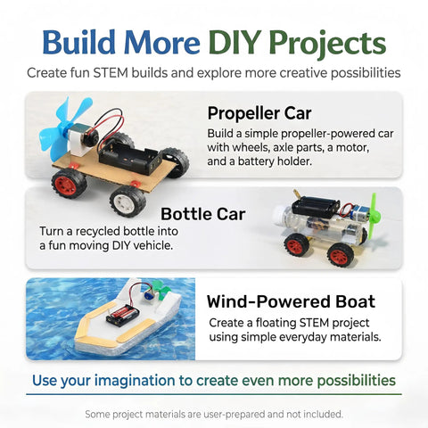 Motor Kit For Kids 8 Piece STEM Science Set With Motors Wheels And Gears For Hands On Learning And Building Mini Models Real Working Projects To Spark Young Engineers. DIY propeller car, bottle car, and wind-powered boat STEM projects