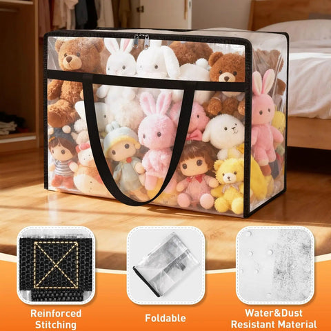 60L Under Bed Storage Bags With Lids And Sturdy Handles, filled with stuffed toys, showing reinforced stitching and foldable design