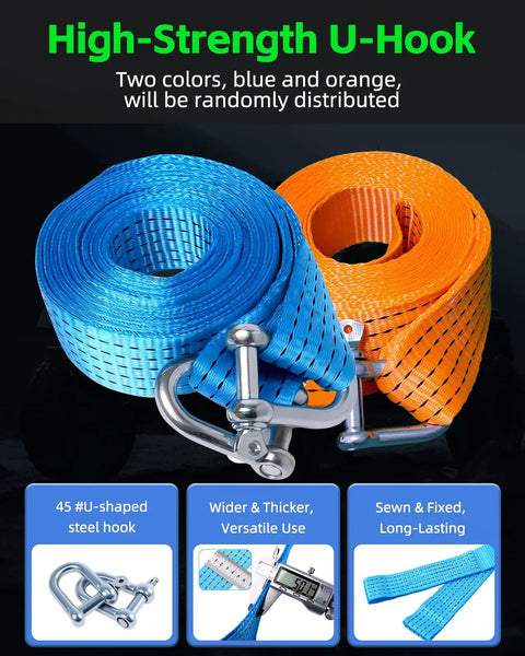High-strength U-hook tow straps in blue and orange, part of Heavy Duty Car Jumper Cables With 110 Piece All In One Auto Emergency Kit