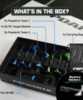 Elite Full Pack Darts Set With Larger And Heavier Build For Maximum Precision And Control, includes blue and green darts.